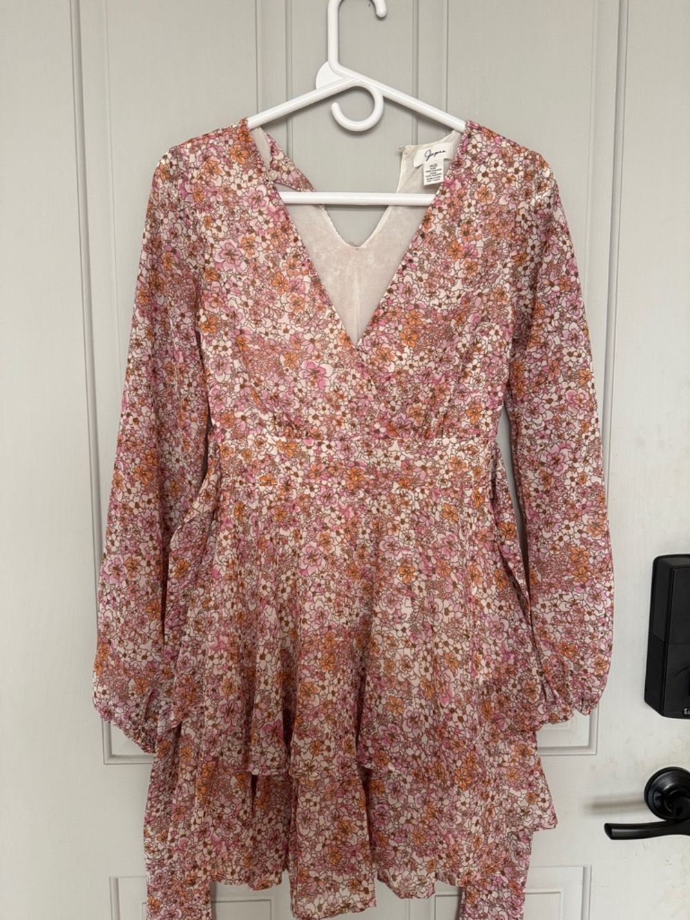 Japna Pink Floral Long-Sleeve Tiered Dress